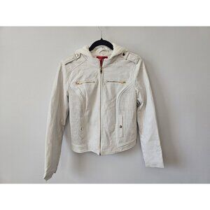 Guess Womens White Faux Leather Moto Jacket With Removable Hood Size Small